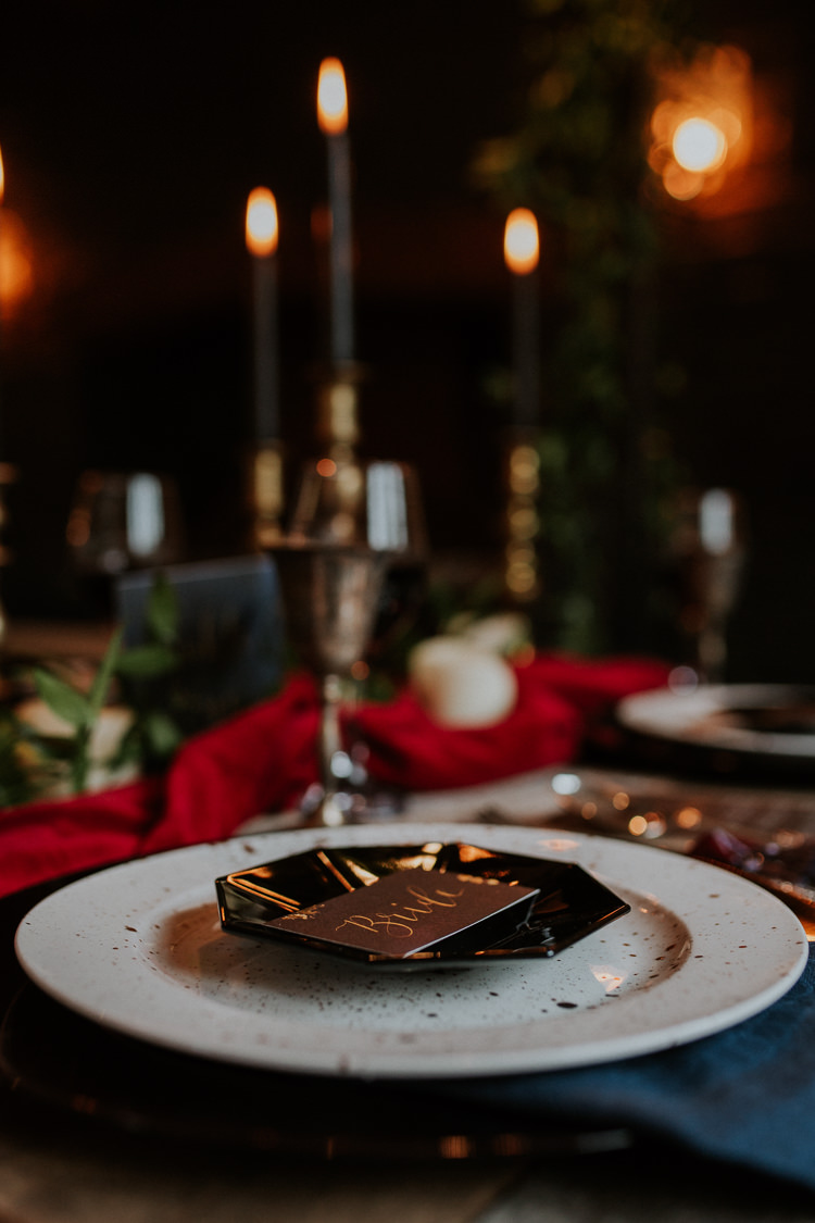 Black Gold Tassel Place Name Card Setting Moody Jewel Tone Velvet Wedding Ideas Sanctum On The Green http://www.kategrayphotography.com/