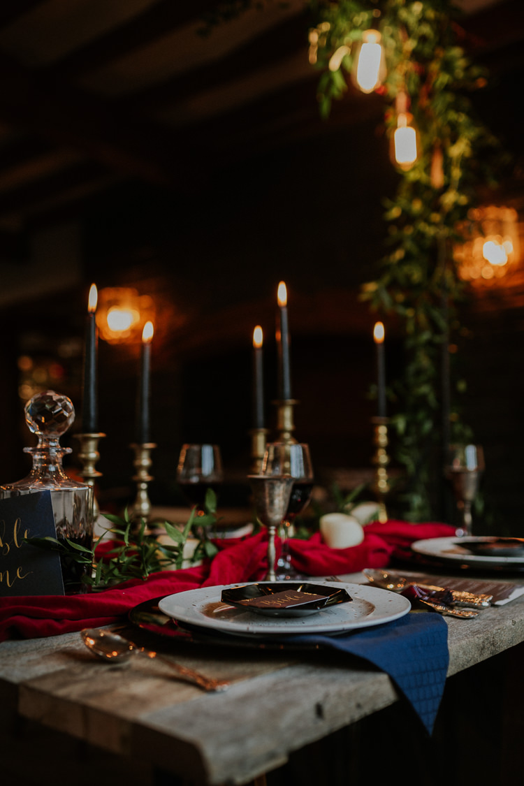Table Tablescape Decor Red Blue Gold Candles Cutlery Moody Jewel Tone Velvet Wedding Ideas Sanctum On The Green http://www.kategrayphotography.com/