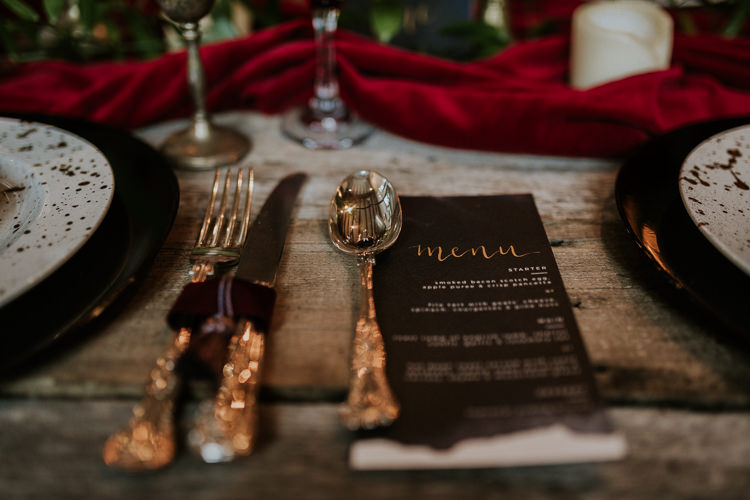 Table Tablescape Decor Red Blue Gold Candles Cutlery Moody Jewel Tone Velvet Wedding Ideas Sanctum On The Green http://www.kategrayphotography.com/