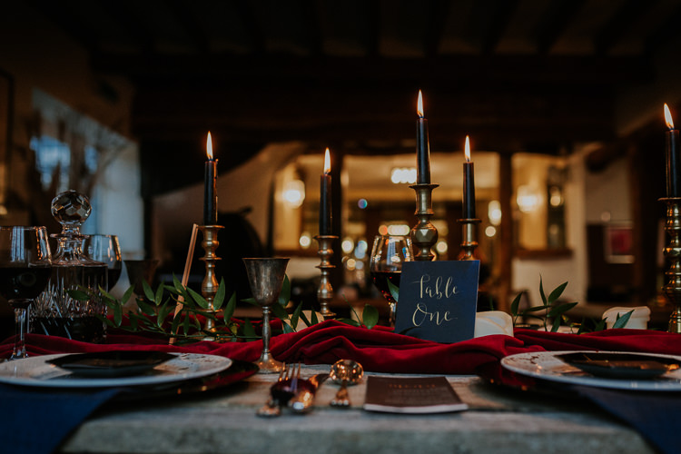 Table Tablescape Decor Red Blue Gold Candles Cutlery Moody Jewel Tone Velvet Wedding Ideas Sanctum On The Green http://www.kategrayphotography.com/