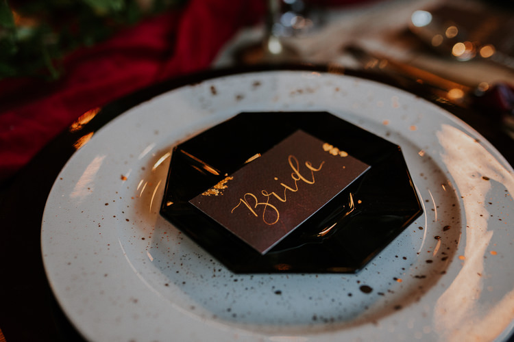 Black Gold Tassel Place Name Card Setting Moody Jewel Tone Velvet Wedding Ideas Sanctum On The Green http://www.kategrayphotography.com/