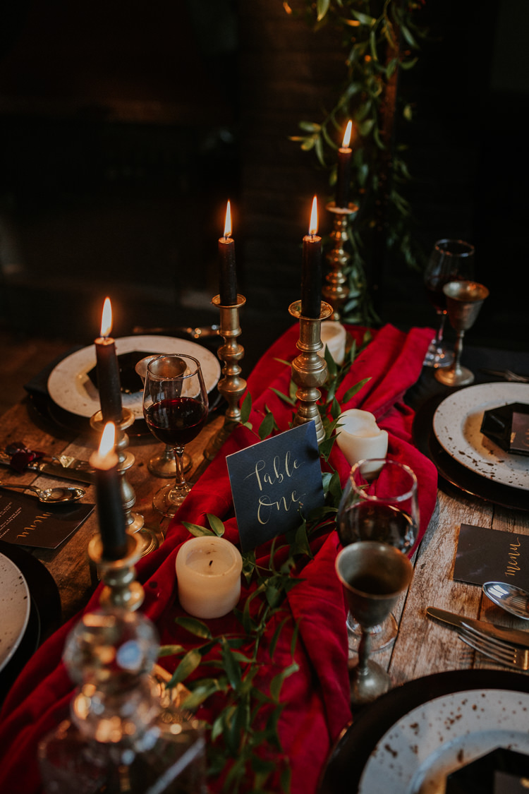 Table Tablescape Decor Red Blue Gold Candles Cutlery Moody Jewel Tone Velvet Wedding Ideas Sanctum On The Green http://www.kategrayphotography.com/