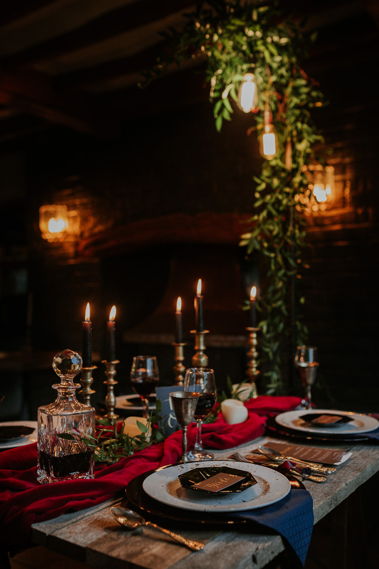 Table Tablescape Decor Red Blue Gold Candles Cutlery Moody Jewel Tone Velvet Wedding Ideas Sanctum On The Green http://www.kategrayphotography.com/