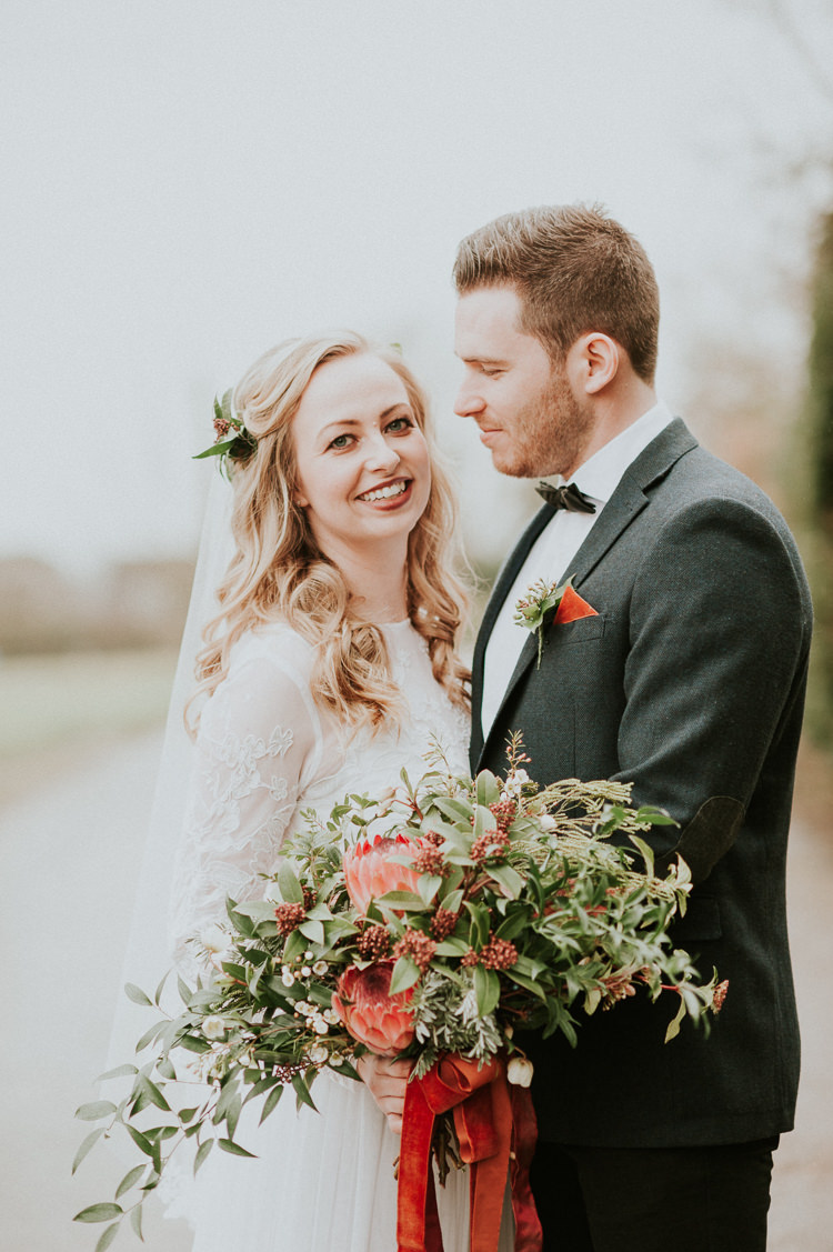Bouquet Flowers Bride Bridal Red Greenery Ribbon Wild Moody Jewel Tone Velvet Wedding Ideas Sanctum On The Green https://www.hannahmcclunephotography.com/