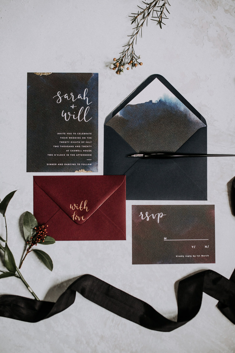 Calligraphy Stationery Invites Invitations Navy Red Moody Jewel Tone Velvet Wedding Ideas Sanctum On The Green https://lolarosephotography.com/