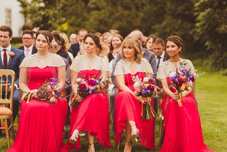 Pink Bridesmaid Dresses Capes Flowers Bouquets Colourful Modern Barn Vaulty Manor Essex Wedding http://alexapenberthy.com/