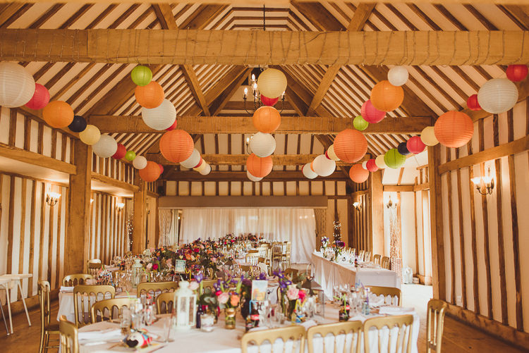 Lanterns Decor Colourful Modern Barn Vaulty Manor Essex Wedding http://alexapenberthy.com/