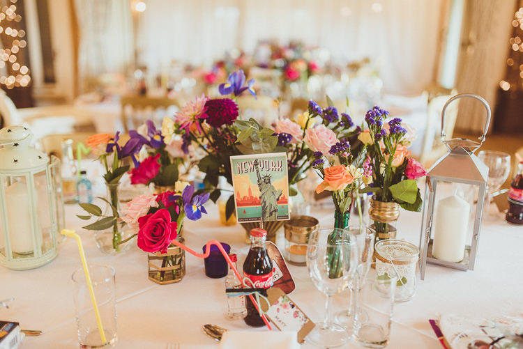 Centrepiece Flowers Jars Decor Table Colourful Modern Barn Vaulty Manor Essex Wedding http://alexapenberthy.com/