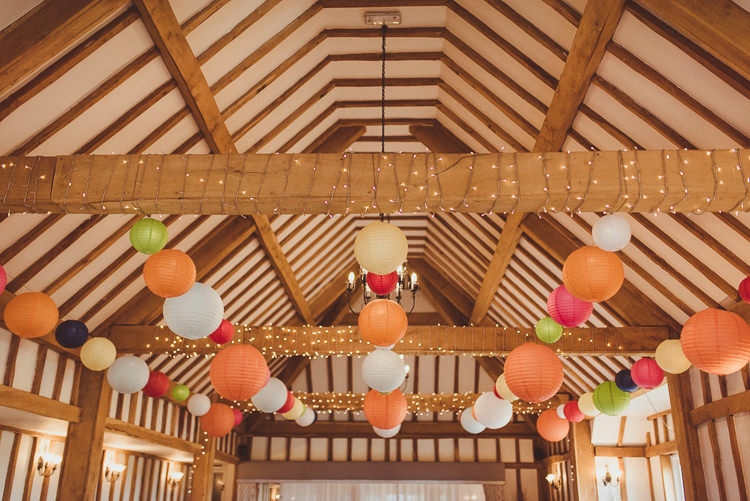 Lanterns Fairy Lights Colourful Modern Barn Vaulty Manor Essex Wedding http://alexapenberthy.com/