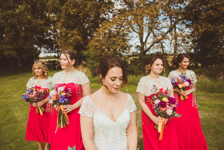 Pink Bridesmaid Dresses Capes Flowers Bouquets Colourful Modern Barn Vaulty Manor Essex Wedding http://alexapenberthy.com/