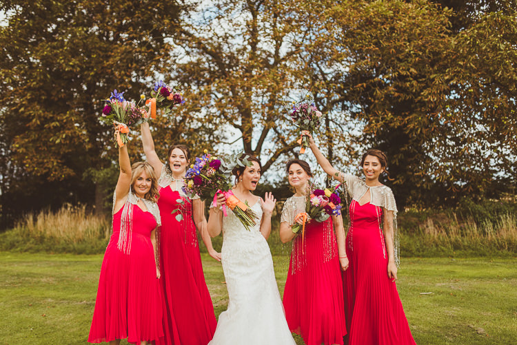 Pink Bridesmaid Dresses Capes Flowers Bouquets Colourful Modern Barn Vaulty Manor Essex Wedding http://alexapenberthy.com/