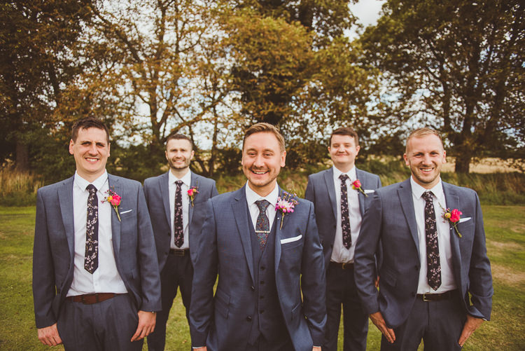 Groom Groomsmen Blue Suits Floral Ties Groomsman Colourful Modern Barn Vaulty Manor Essex Wedding http://alexapenberthy.com/