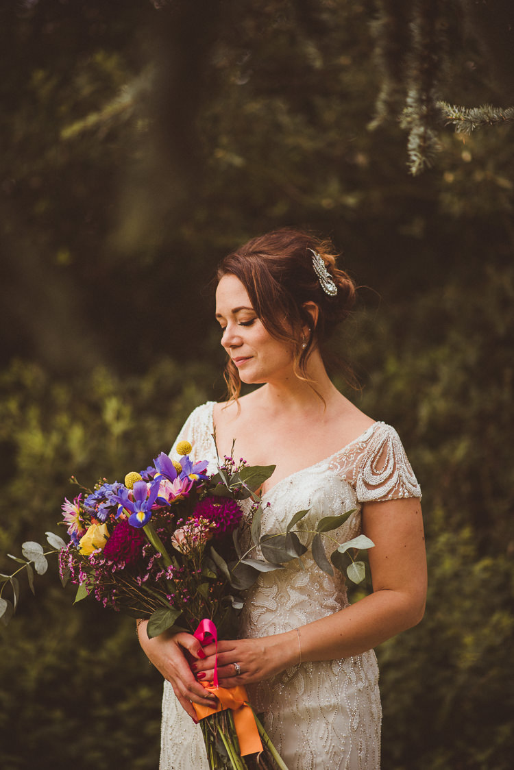 Bouquet Flowers Bride Bridal Yellow Purple Ribbon Colourful Modern Barn Vaulty Manor Essex Wedding http://alexapenberthy.com/