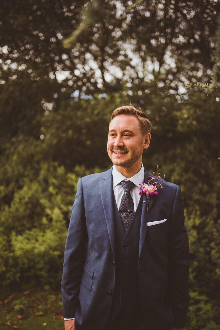 Blue Suit Groom Tie Colourful Modern Barn Vaulty Manor Essex Wedding http://alexapenberthy.com/