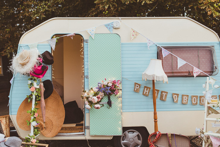 Caravan Photobooth Vintage Colourful Modern Barn Vaulty Manor Essex Wedding http://alexapenberthy.com/