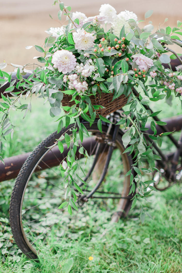 Bike Bicycle Flowers Decor Basket Hazy Summer Lavender Grey Wedding Cripps Barn Cotswolds http://jobradbury.co.uk/