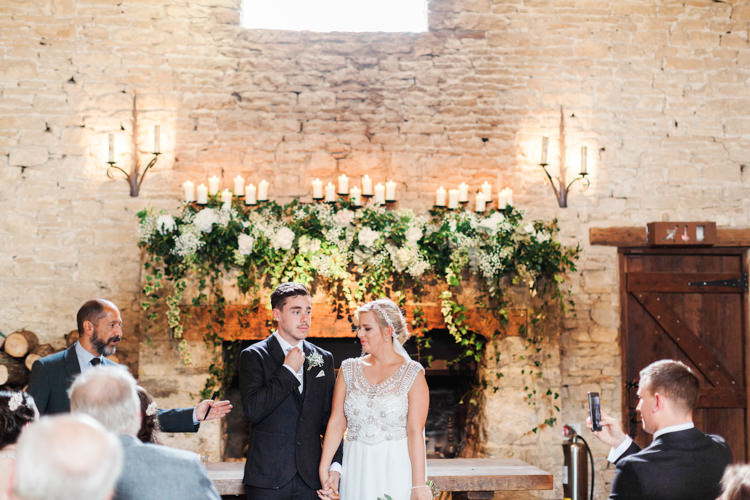 Flowers Arrangement Ceremony Fireplace Mantle Candles Greenery White Hydrangea Gypsophila Hazy Summer Lavender Grey Wedding Cripps Barn Cotswolds http://jobradbury.co.uk/