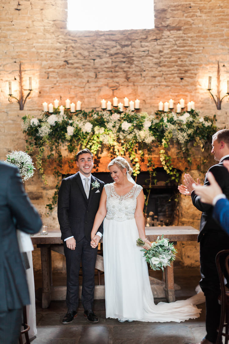 Flowers Arrangement Ceremony Fireplace Mantle Candles Greenery White Hydrangea Gypsophila Hazy Summer Lavender Grey Wedding Cripps Barn Cotswolds http://jobradbury.co.uk/