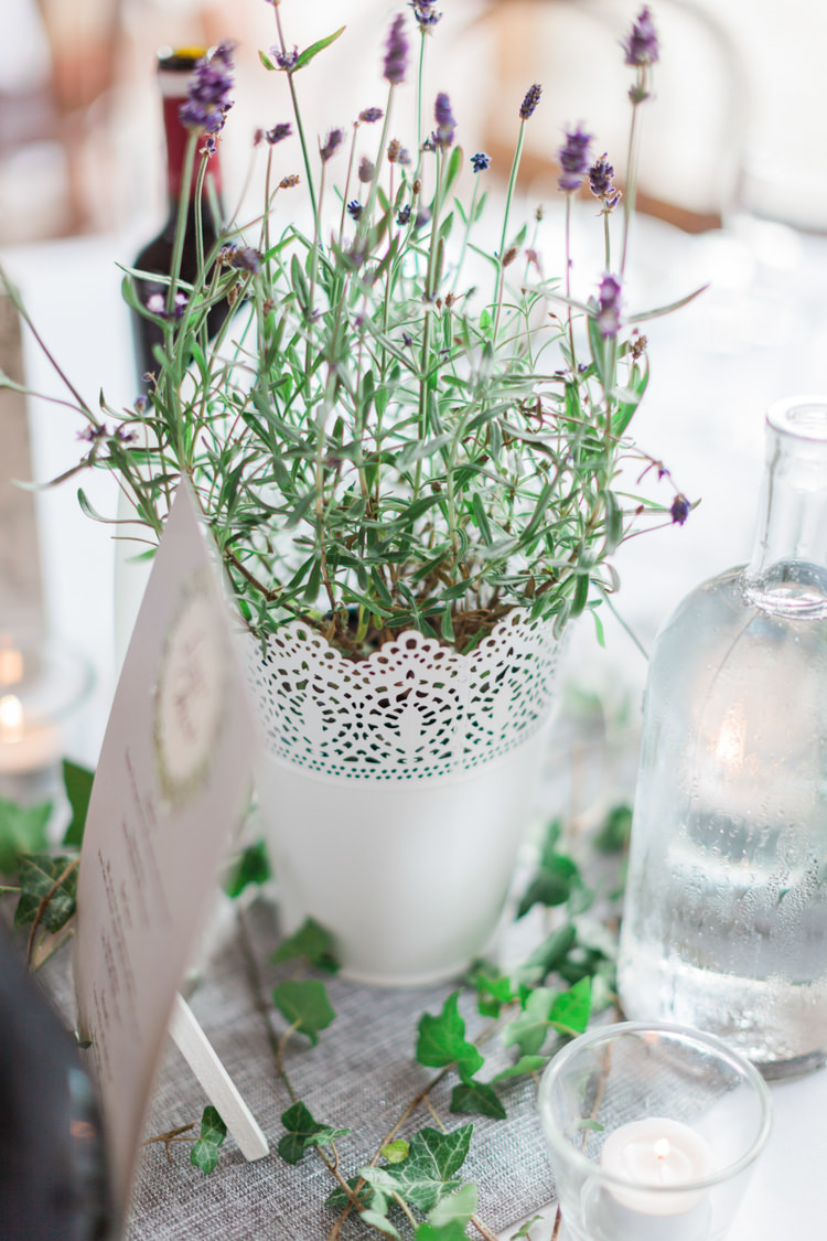 Pot Plants Centrepiece Hazy Summer Lavender Grey Wedding Cripps Barn Cotswolds http://jobradbury.co.uk/