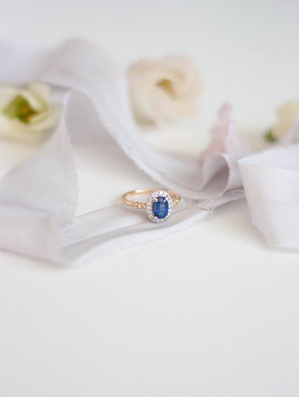 Alternative Engagement Rings Coloured Gem Wedding Vintage Yellow Gold Halo Sapphire Blue Silk Ribbon Diamond