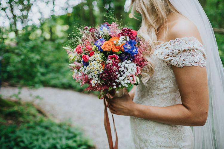 Bouquet Flowers Bride Bridal Multicolour Ribbon Gypsophila Daisy Limoneum Thalaspia Delphinium Rose Astilbe Solidago Lisianthus Angrove Park Tipi Wedding Yorkshire Bloom Weddings