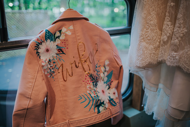 Pink Leather Jacket Bride Bridal Personalised Floral Painted Wifey Angrove Park Tipi Wedding Yorkshire Bloom Weddings