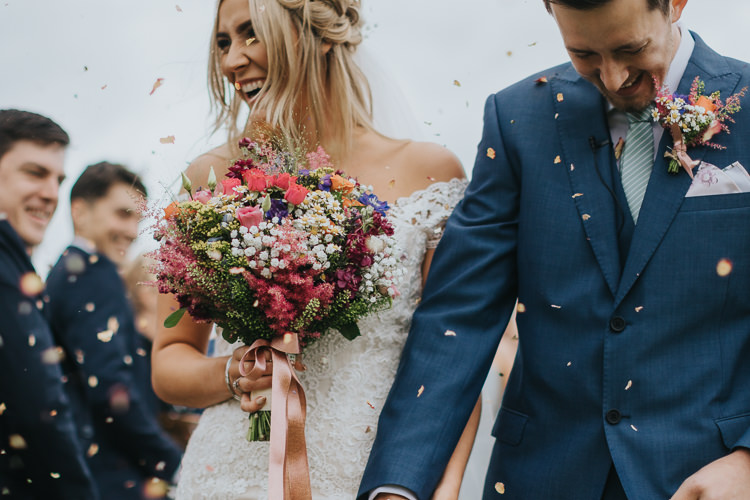 Bouquet Flowers Bride Bridal Multicolour Ribbon Gypsophila Daisy Limoneum Thalaspia Delphinium Rose Astilbe Solidago Lisianthus Angrove Park Tipi Wedding Yorkshire Bloom Weddings