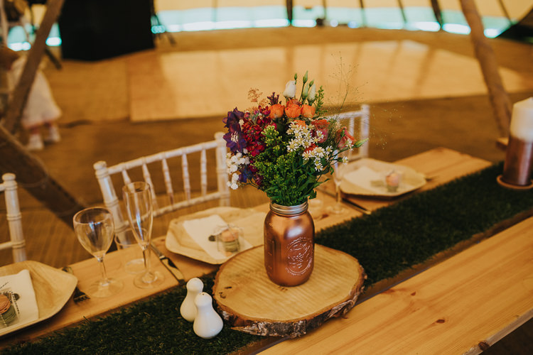 Copper Mason Jar Painted Flowers Log Slice Angrove Park Tipi Wedding Yorkshire Bloom Weddings