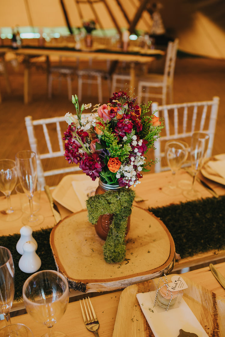 Flowers Centrepiece Copper Jar Log Slice Moss Number Table Angrove Park Tipi Wedding Yorkshire Bloom Weddings