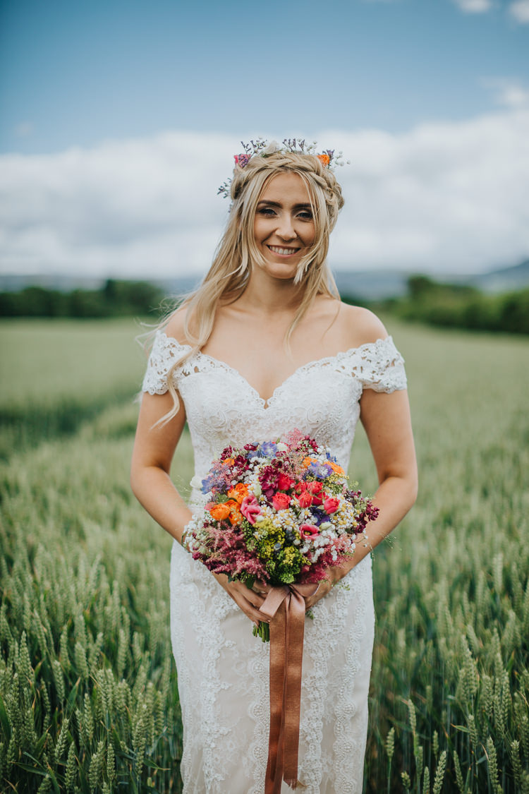 Lace Pronovias Dress Gown Veil Bride Bridal Off Shoulder Bardot Flowers Bouquet Crown Angrove Park Tipi Wedding Yorkshire Bloom Weddings