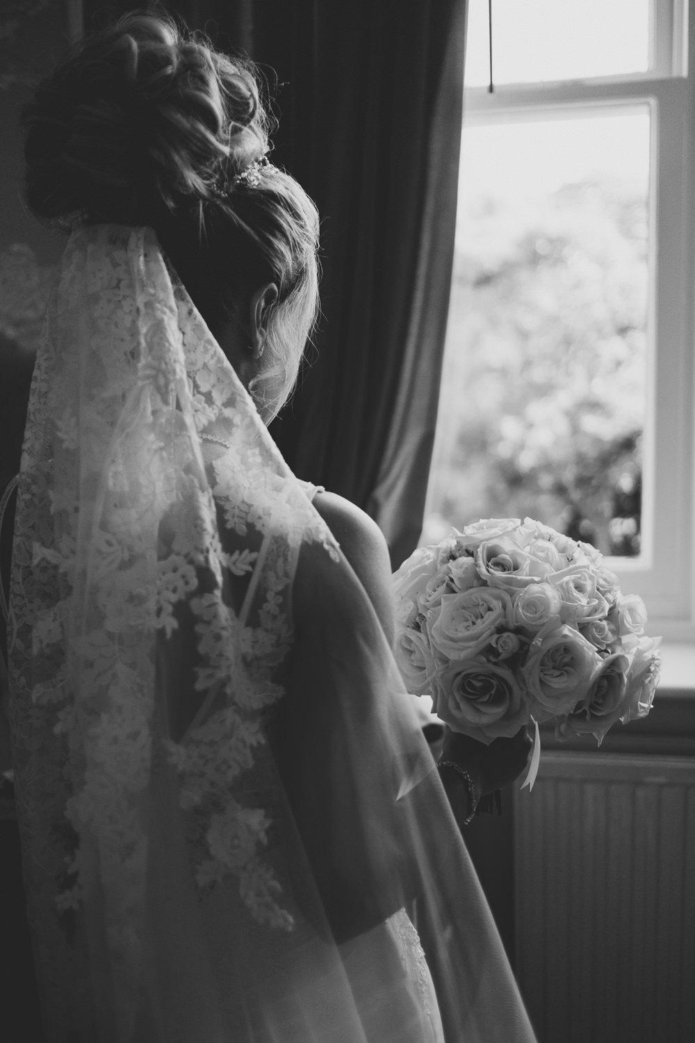 Black and White Veil Bride Bridal Prep Morning Hair Updo Classic Traditional Elegant Round White Rose Bouquet | Ashfield House Wedding Kate McCarthy Photography