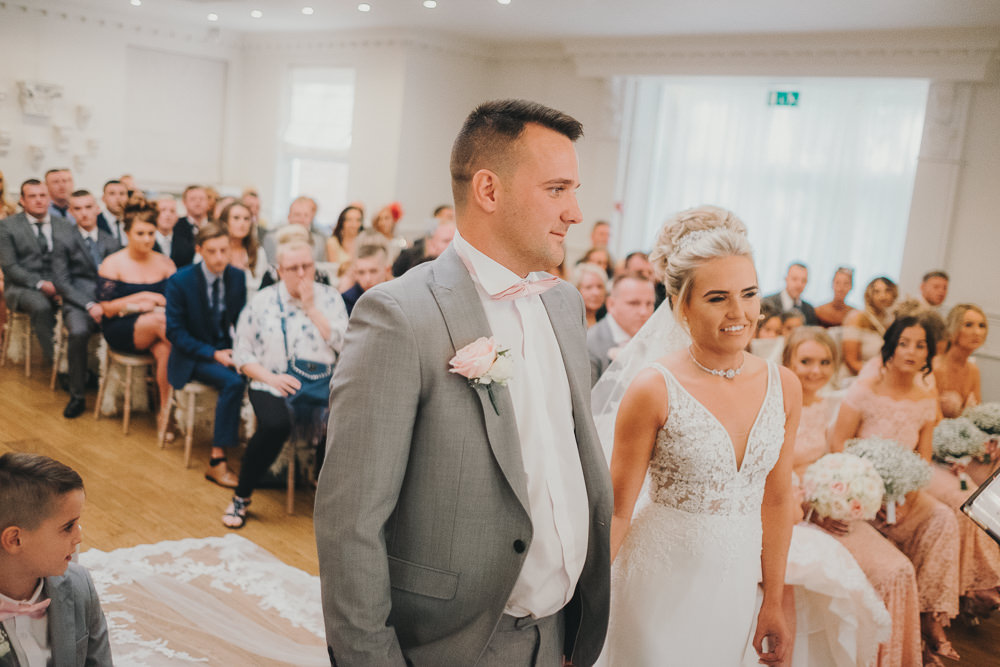 Indoor Ceremony Aisle Bride Groom Vows Classic Traditional Elegant | Ashfield House Wedding Kate McCarthy Photography