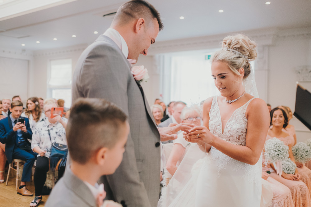 Indoor Ceremony Aisle Bride Groom Vows Rings Classic Traditional Elegant | Ashfield House Wedding Kate McCarthy Photography