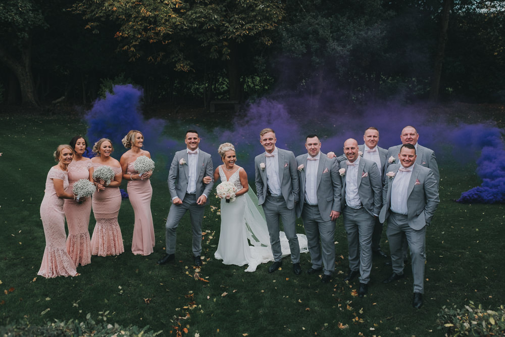 Bride Groom Bridesmaids Groomsmen Group Purple Smoke Bomb Classic Traditional Elegant | Ashfield House Wedding Kate McCarthy Photography
