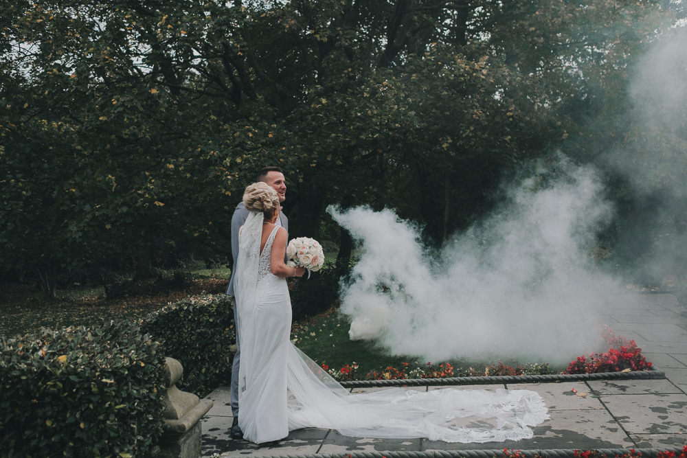 Bride Groom Happy Laughter Classic Traditional Bouquet Bridal Updo Grey Suit White Smoke Bomb | Ashfield House Wedding Kate McCarthy Photography