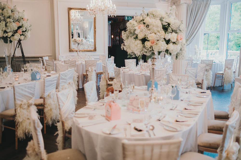 Dinner Reception Classic Elegant White Blush Round Tall Flowers Chair Sashes | Ashfield House Wedding Kate McCarthy Photography