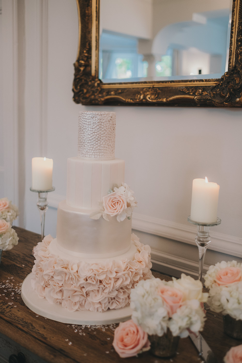 Dinner Reception Classic Elegant White Blush Cake Sugar Flowers | Ashfield House Wedding Kate McCarthy Photography