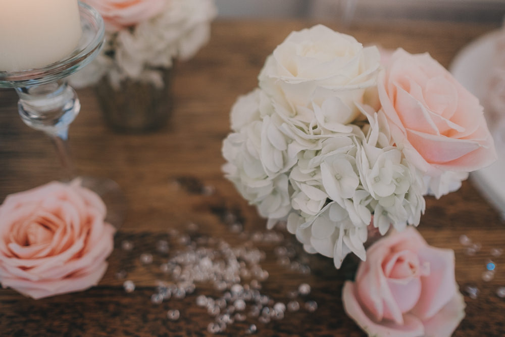Dinner Reception Classic Elegant White Blush Flowers Roses Crystals | Ashfield House Wedding Kate McCarthy Photography