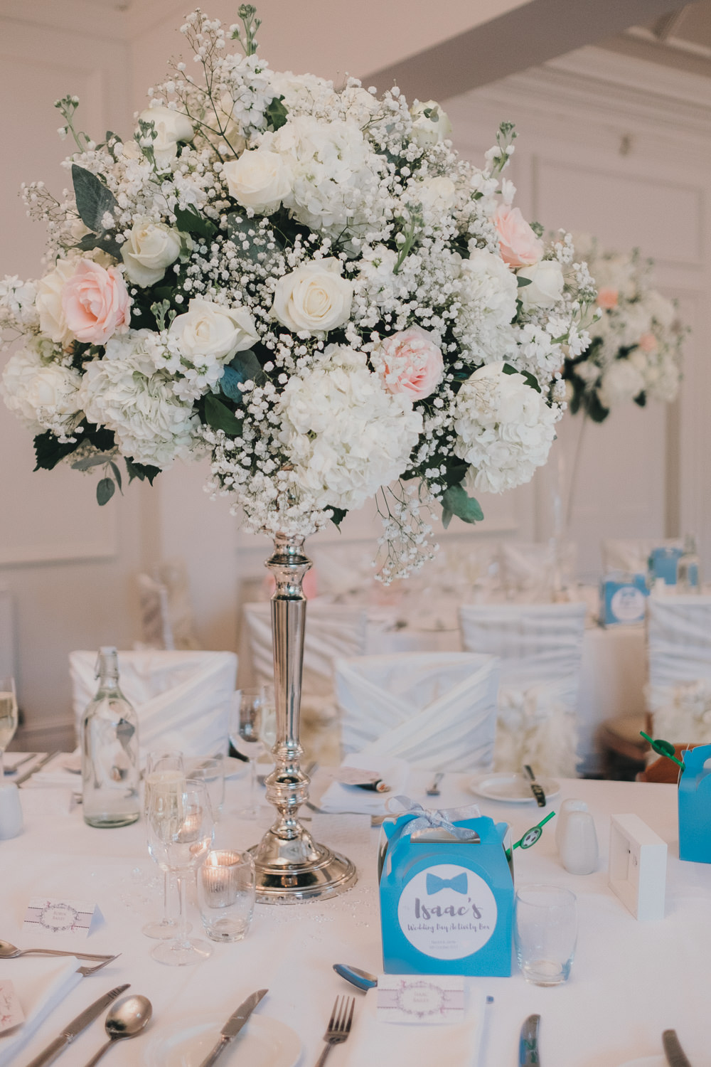 Dinner Reception Classic Elegant Tall White Blush Flowers Roses Gypsophila Baby's Breath Kids Activity Pack | Ashfield House Wedding Kate McCarthy Photography