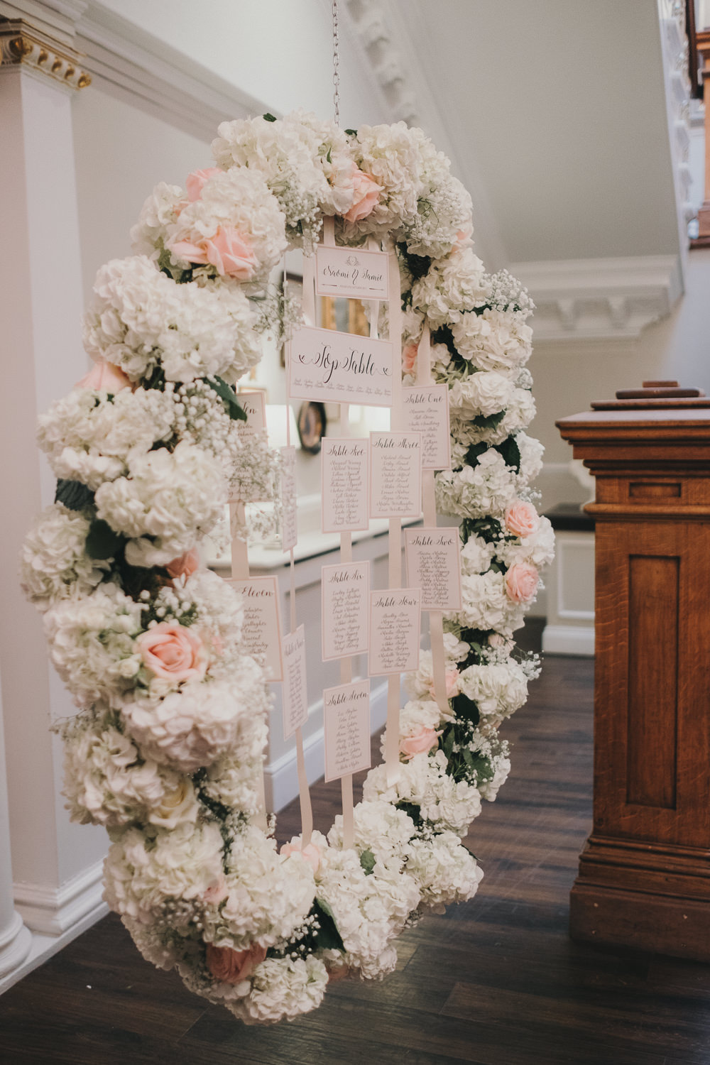 Dinner Reception Classic Elegant White Blush Flowers Round Table Plan Ribbon Stationery | Ashfield House Wedding Kate McCarthy Photography