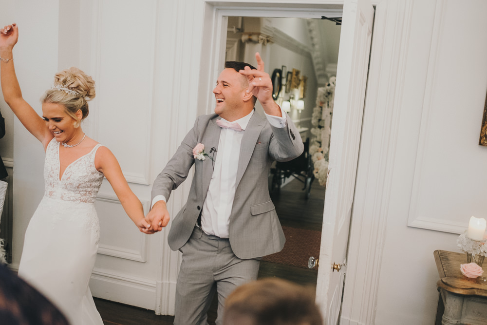 Dinner Reception Bride Groom Entrance Dancing Fun | Ashfield House Wedding Kate McCarthy Photography