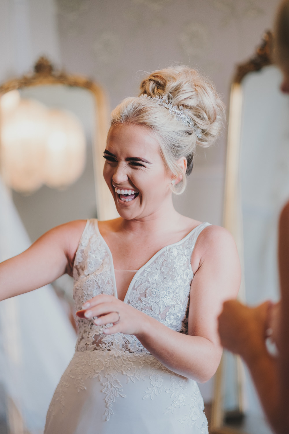 Happy Bride Bridal Prep Morning Hair Updo Classic Traditional Elegant | Ashfield House Wedding Kate McCarthy Photography