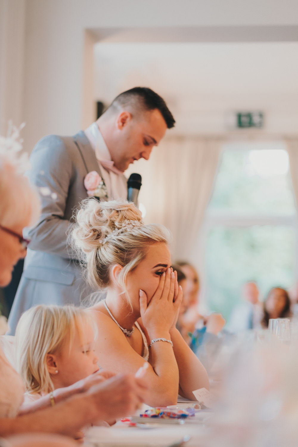Dinner Reception Classic Elegant Pink White Bride Groom Speech Emotional | Ashfield House Wedding Kate McCarthy Photography