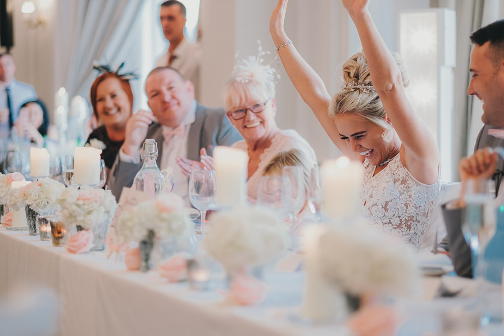 Dinner Reception Classic Elegant Pink White Bride Speeches Fun | Ashfield House Wedding Kate McCarthy Photography