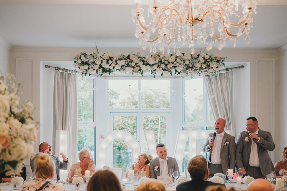 Dinner Reception Classic Elegant Pink White Groomsmen Best Man Bride Speech Fun | Ashfield House Wedding Kate McCarthy Photography