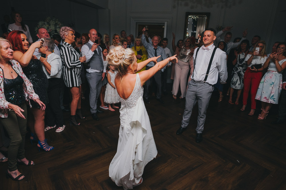 Bride Groom First Dance Floor Fun Updo Braces Grey Suit | Ashfield House Wedding Kate McCarthy Photography