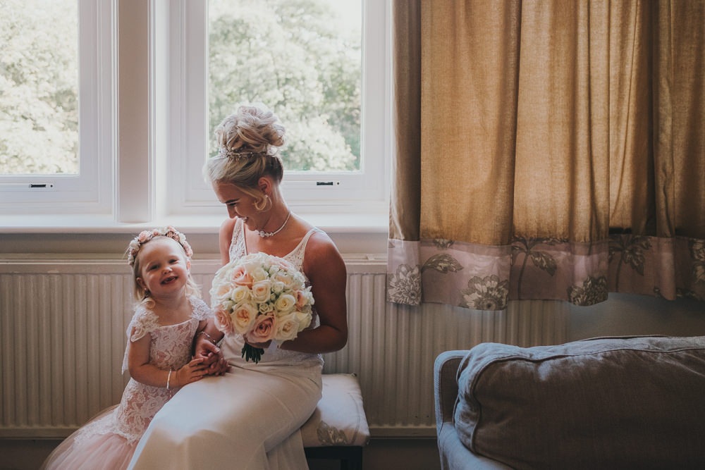 Bride Bridal Prep Morning Hair Updo Classic Traditional Elegant Pink Flower Girl | Ashfield House Wedding Kate McCarthy Photography