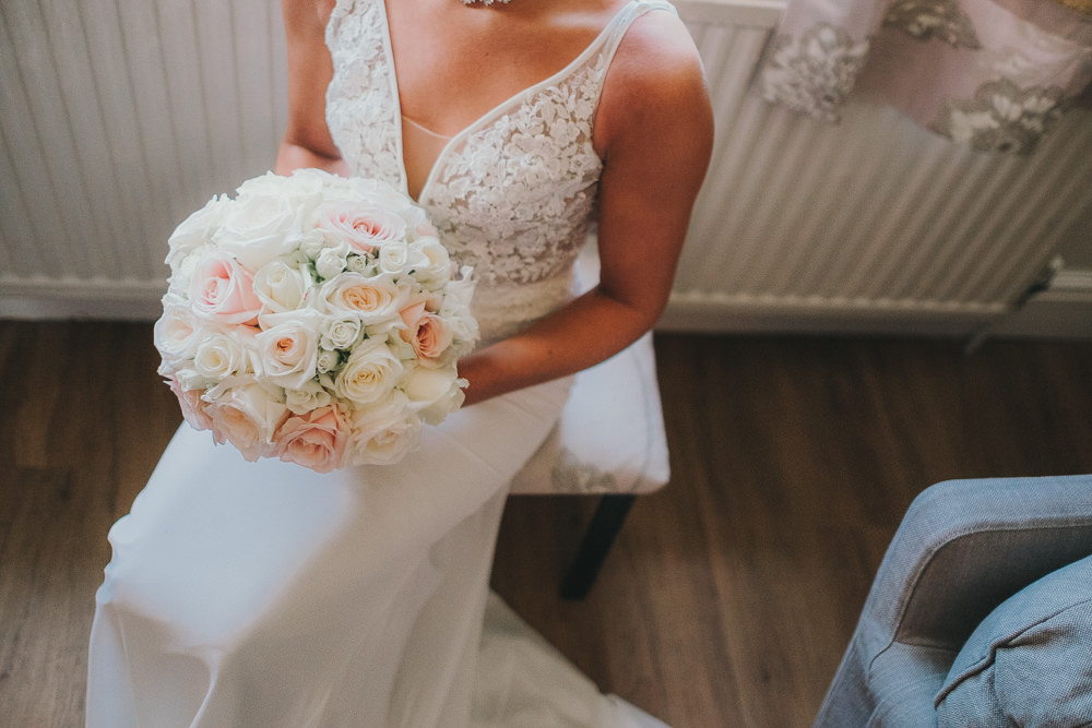 Happy Bride Bridal Prep Morning Hair Updo Classic Traditional Elegant Round White Rose Bouquet | Ashfield House Wedding Kate McCarthy Photography