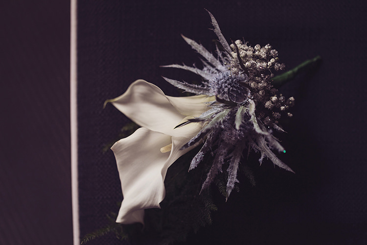 Buttonhole Lily Thistle Gypsophila Glitter Magical Wonderland Askham Hall Wedding Winter Tiree Dawson Photography