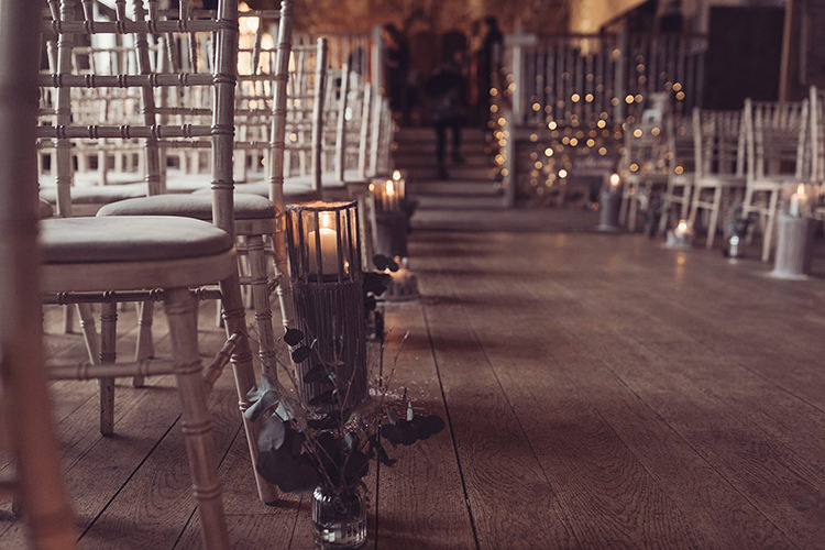 Ceremony Aisle Lanterns Candle Logs Magical Wonderland Askham Hall Wedding Winter Tiree Dawson Photography